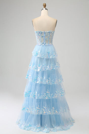 Light Blue Strapless Tiered Tulle Corset Prom Dress with Appliques